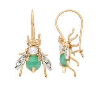 Handcrafted Italian Emerald, Pearl & Diamond Bee Drop Earrings