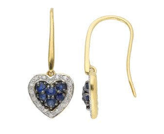 9ct Yellow Gold Sapphire & Diamond Heart Earrings