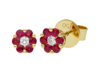 18ct Yellow Gold Ruby & Diamond Flower Cluster Stud Earrings