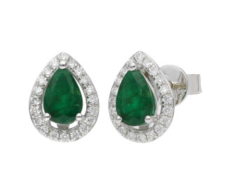 9ct White Gold Emerald & Diamond Pear Shape Stud Earrings