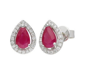 9ct White Gold Ruby & Diamond Pear Shape Stud Earrings