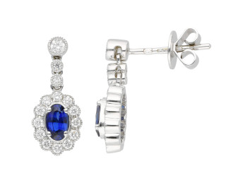 9ct White Gold Diamond Oval Scallop Sapphire Drop Earrings