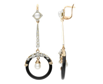 Handcrafted Italian Art Deco Inspired Pearl Diamond & Onyx Drop Earrings