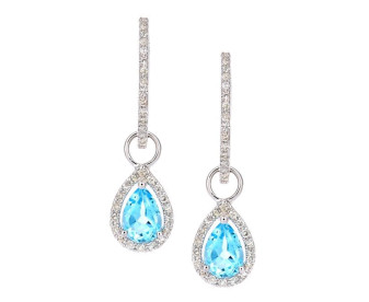 9ct White Gold Diamond & Sky Blue Topaz Pear Shape Drop Hoop Earrings