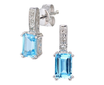 9ct White Gold Blue Topaz & Diamond Drop Stud Earrings
