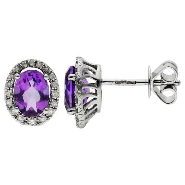 9ct White Gold Amethyst & Diamond Oval Cluster Earrings