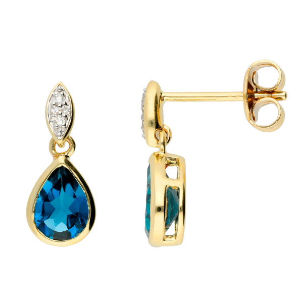 9ct Yellow Gold London Blue Topaz & Diamond Drop Earrings