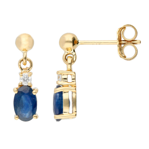 9ct Yellow Gold 6mm Sapphire & Diamond Oval Shape Drop Earrings