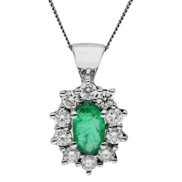 9ct White Gold Emerald & Diamond Cluster Pendant