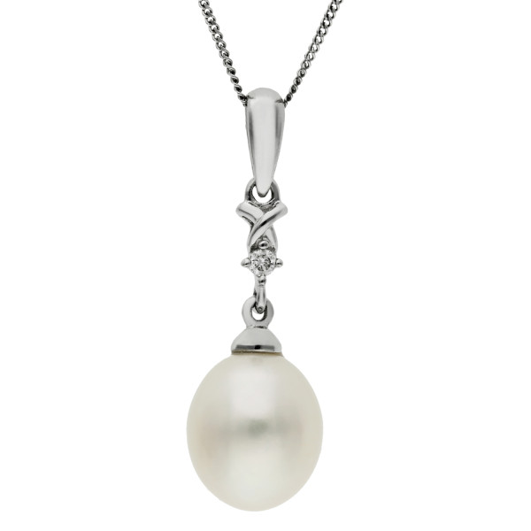 9ct White Gold Pearl & Diamond Pendant
