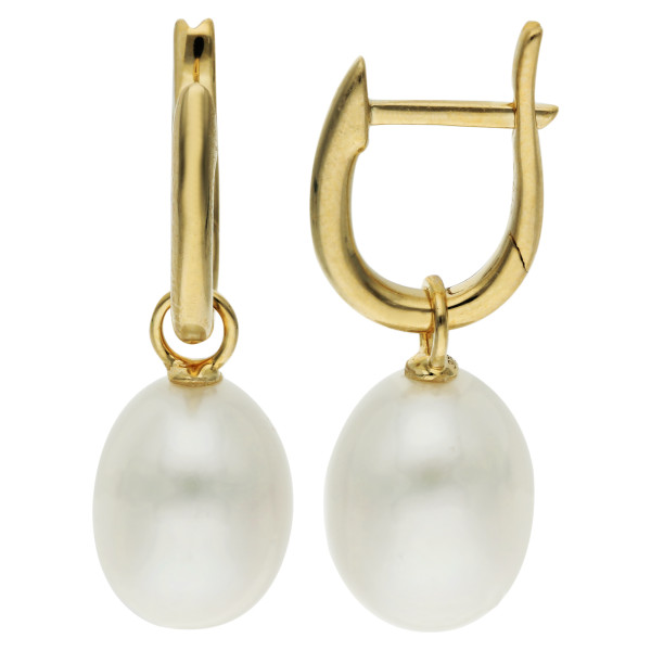 9ct Yellow Gold Cultured River Pearl Huggie Hoop Drop Earrings