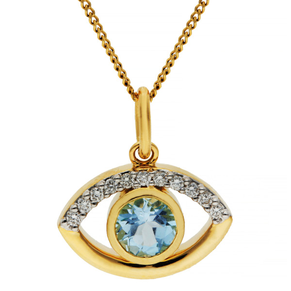 9ct Yellow Gold Aquamarine & Diamond Evil Eye Pendant