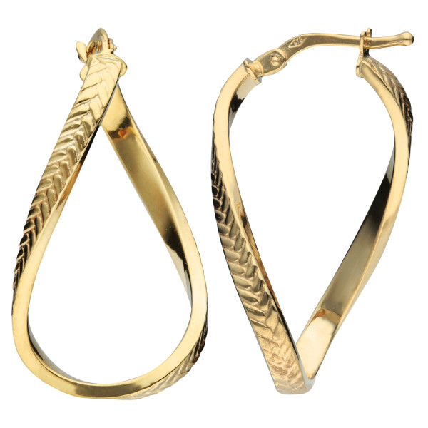 9ct Yellow Gold 35mm Super Light Textured Oval Twist Hoop Earrings