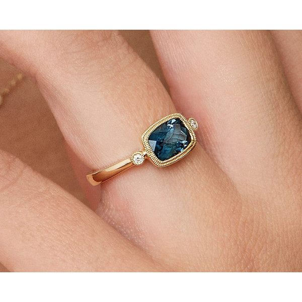 9ct Yellow Gold London Blue Topaz & Diamond Fancy Trilogy Ring