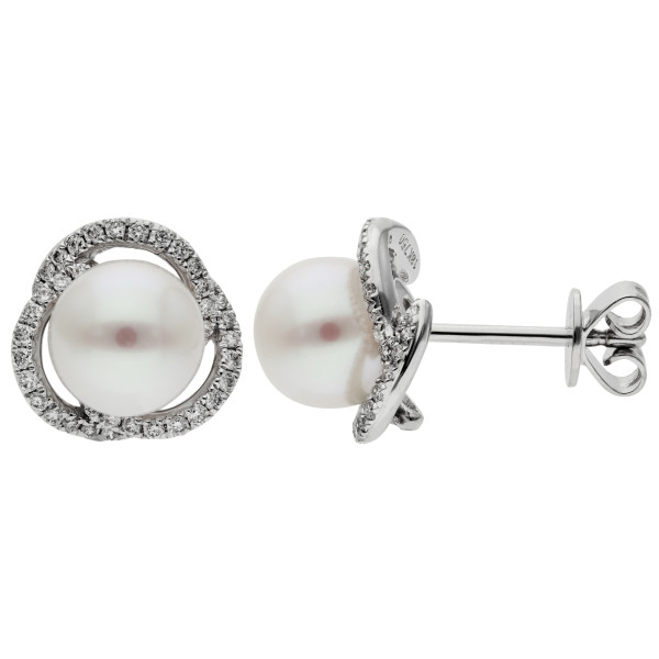 18ct White Gold Pearl & Diamond Fancy Halo Stud Earrings