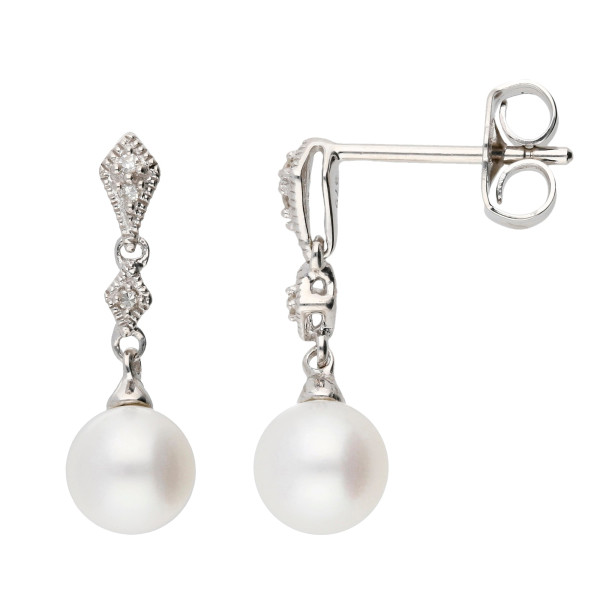 9ct White Gold Pearl & Diamond Drop Earrings