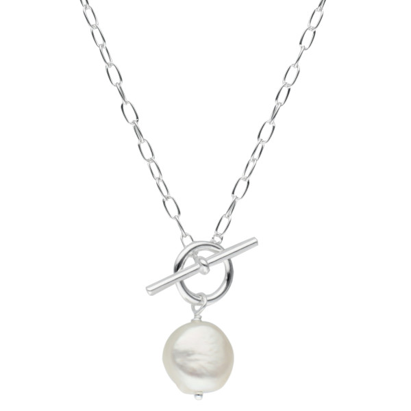 Sterling Silver Pearl T-Bar Chain Necklace