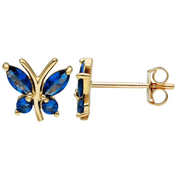 9ct Yellow Gold Simulated Sapphire Butterfly Stud Earrings