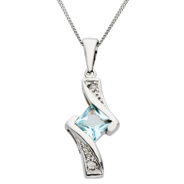 9ct White Gold Aquamarine & Diamond Wave Pendant