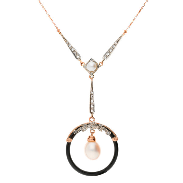 Handcrafted Italian Art Deco Inspired Pearl Diamond & Onyx Necklace