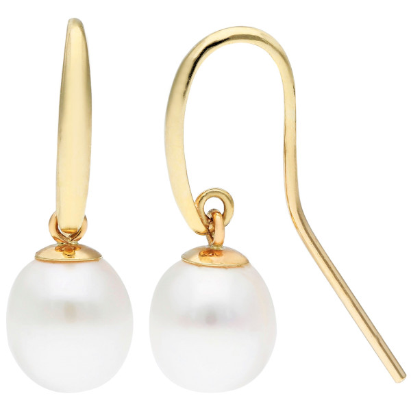 9ct Yellow Gold 7.5-8mm White Teardrop Cultured River Pearl Drop Earrings