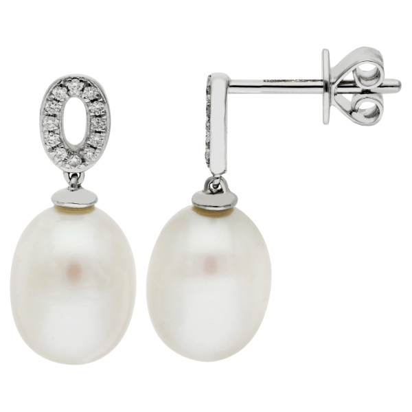 18ct White Gold 7.7mm Cultured Pearl & Diamond Drop Earrings