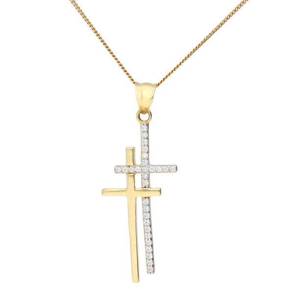 9ct Yellow Gold & Cubic Zirconia Double Cross Pendant