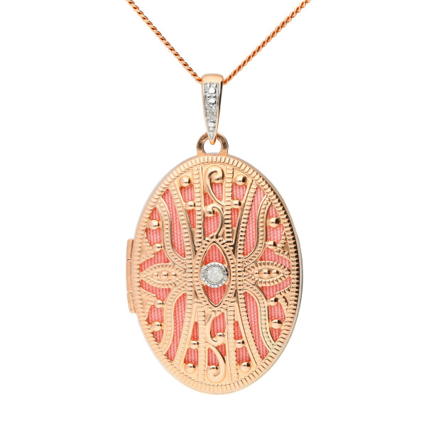 9ct Rose Gold Intricate Oval & Diamond Locket