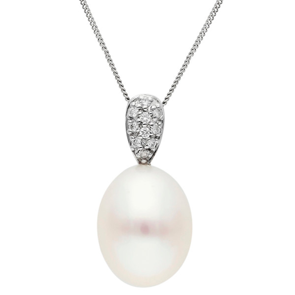 18ct White Gold 9-10mm Teardrop Cultured River Pearl & Diamond Pendant