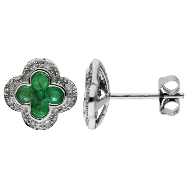 9ct White Gold Emerald & Diamond Quatrefoil Halo Stud Earrings