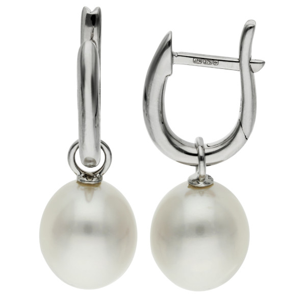 9ct White Gold Cultured River Pearl Huggie Hoop Drop Earrings