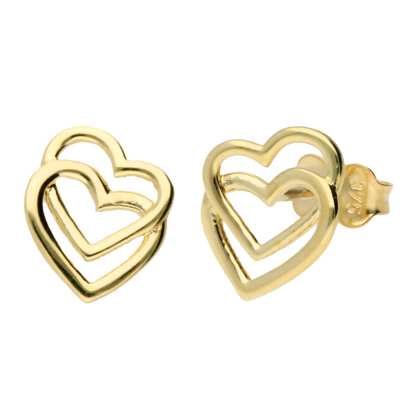 9ct Yellow Gold Double Heart Stud Earrings