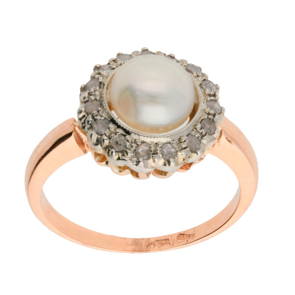 Handcrafted Italian 9ct Rose Gold Pearl & Diamond Ring