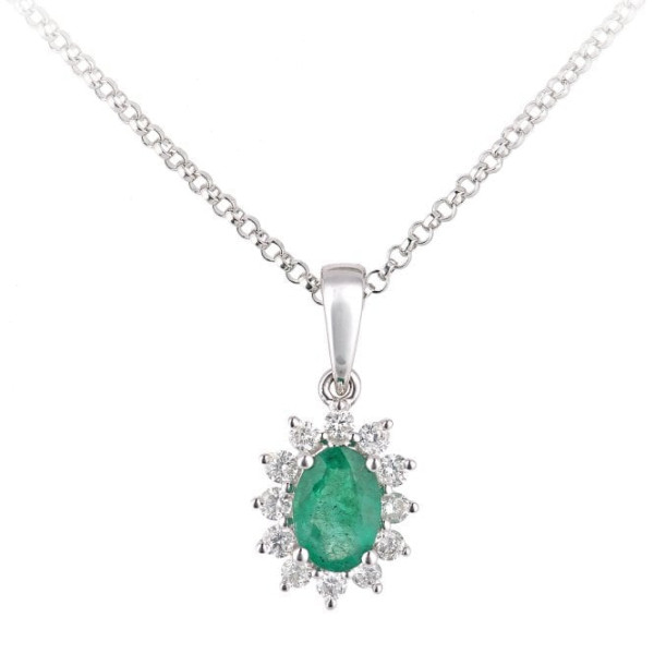 18ct White Gold Diamond & Emerald Pendant