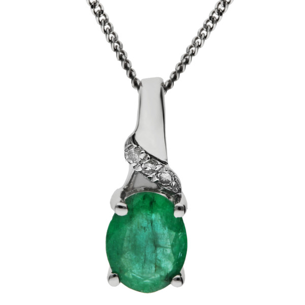 9ct White Gold Diamond & 0.36ct Emerald Pendant