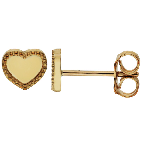 9ct Yellow Gold Plain Beaded Edge Heart Stud Earrings 