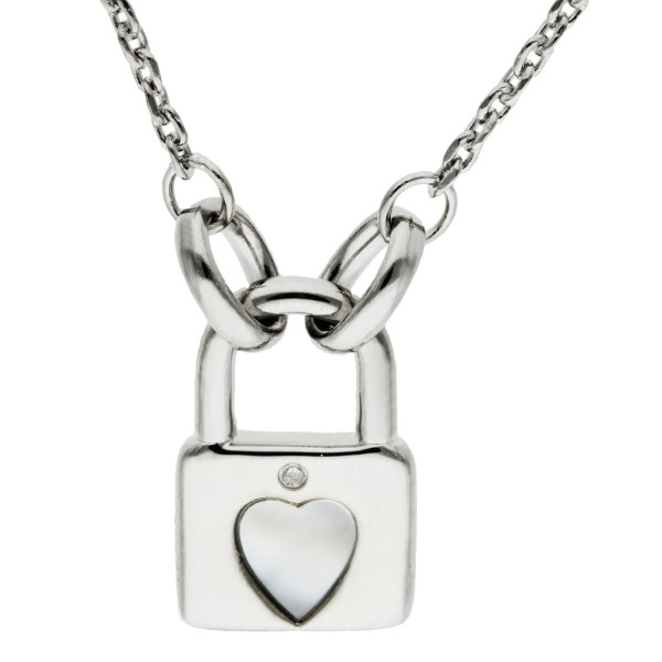 Sterling Silver Mother of Pearl & Diamond Heart Padlock Necklace