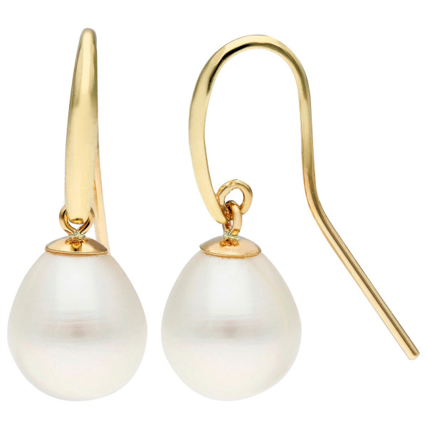 9ct Yellow Gold 9-10mm White Teardrop Cultured River Pearl Drop Earrings