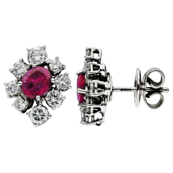 Certified 14ct White Gold Ruby & Diamond Cluster Earrings