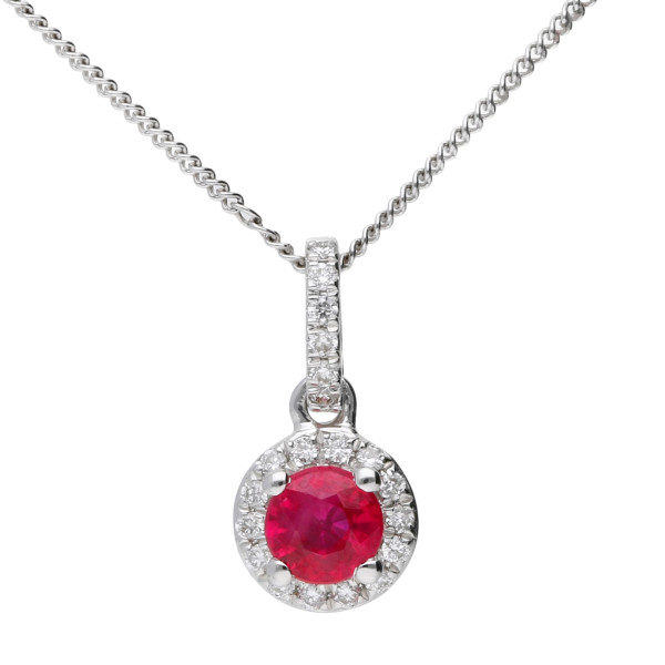 18ct White Gold Diamond & 0.23ct Ruby Pendant