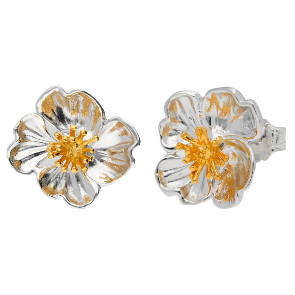 Silver & Yellow Gold Primrose Flower Stud Earrings