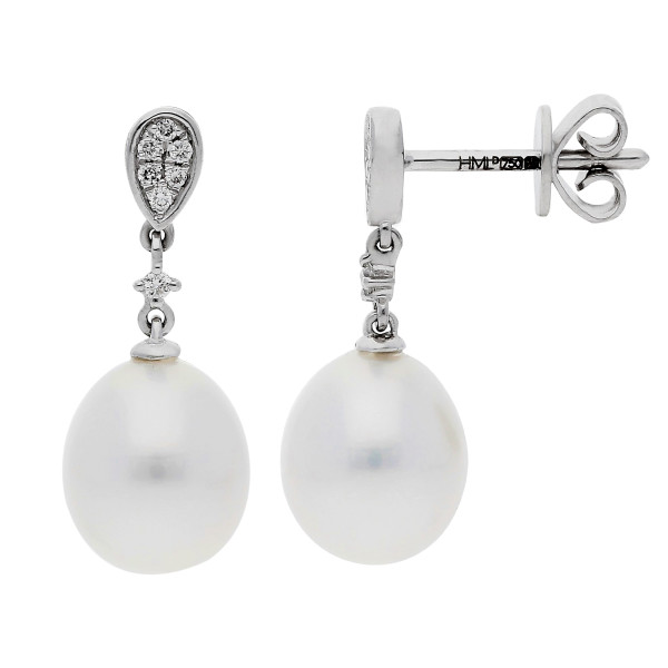 18ct White Gold Pearl & Diamond Drop Earrings