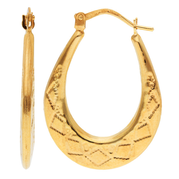 9ct Yellow Gold 26mm Embossed Oval Hoop Earrings