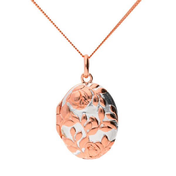 Silver & Rose Gold Plate Floral Oval Locket