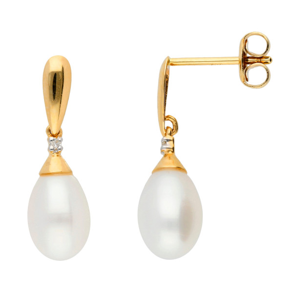 9ct Yellow Gold Freshwater Pearl & Diamond Drop Earrings