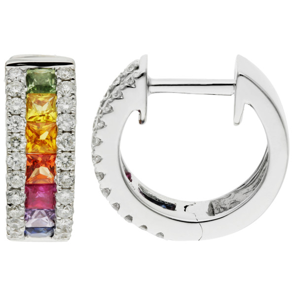 Hinged 18ct White Gold Diamond & Rainbow Sapphire Hoop Earrings