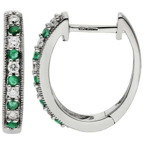 9ct White Gold Diamond & Emerald Hoop Earrings