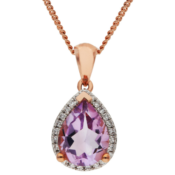 9ct Rose Gold Pink Amethyst & Diamond Pear Cluster Pendant