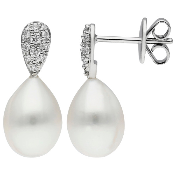 18ct White Gold 7.5-8mm White Teardrop Cultured River Pearl & Diamond Drop Stud Earrings