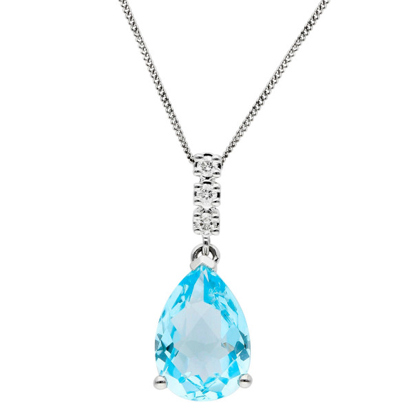 18ct White Gold Blue Topaz & Diamond Pear Shape Pendant 